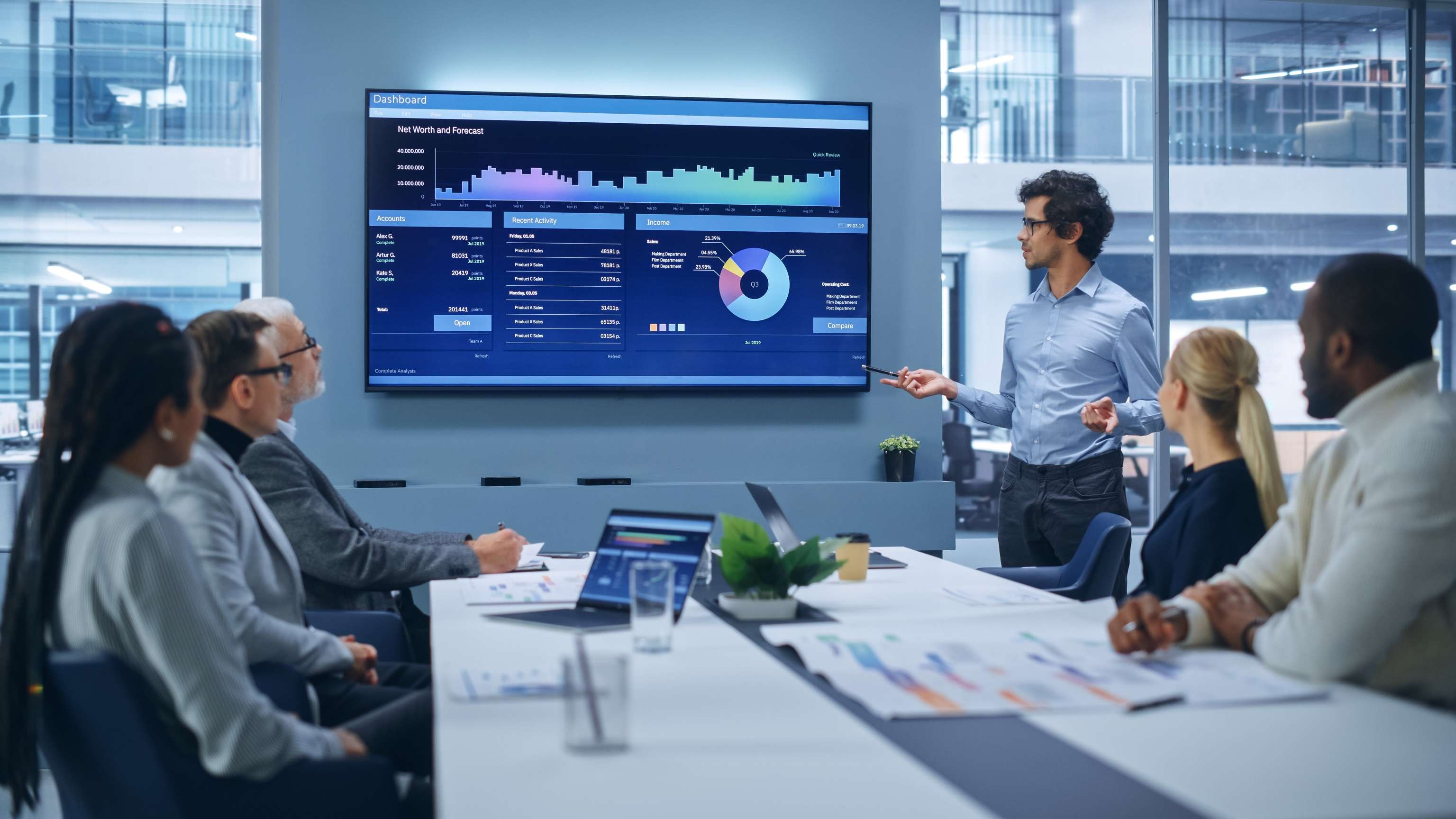 Office Conference Room Meeting Presentation: Latin Businessman Talks, Uses Wall TV to Show Company Growth with Big Data Analysis.