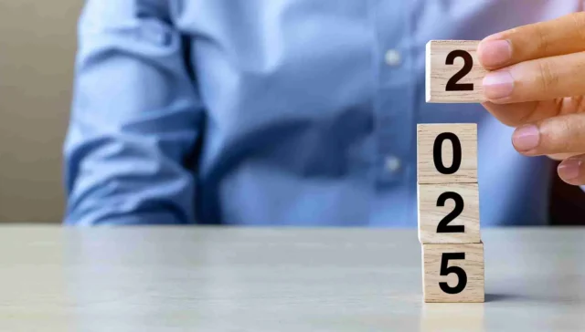 Block 2025 text on table. Resolution, strategy, plan, goal, motivation, reboot, business and New Year holiday concepts