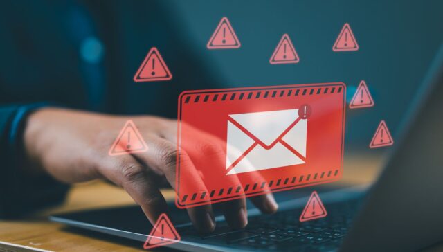 Threat, phishing, malicious, danger, hack, warning, mail, thief, scam, alert, safety, letter, technology, online, Cyber crime security concept, Alert Email inbox and spam virus with warning caution.