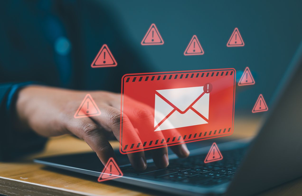 Threat, phishing, malicious, danger, hack, warning, mail, thief, scam, alert, safety, letter, technology, online, Cyber crime security concept, Alert Email inbox and spam virus with warning caution.
