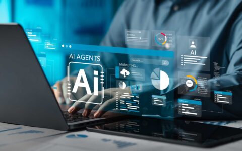 Analysts use computers to analyze data using AI technology in business and work.