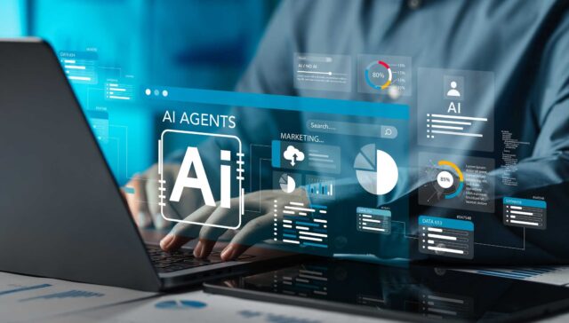 Analysts use computers to analyze data using AI technology in business and work.