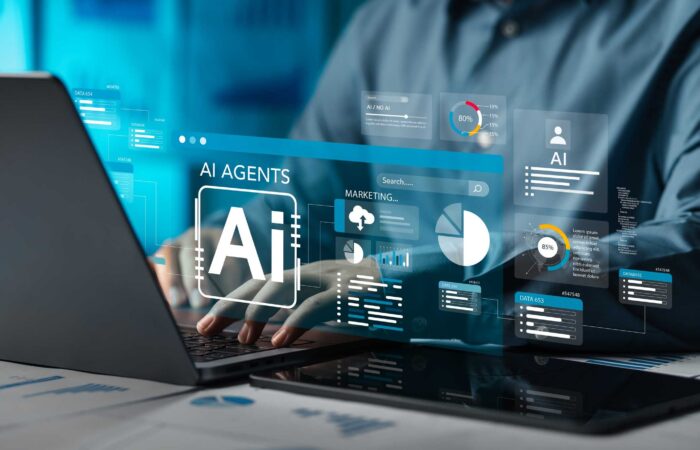 Analysts use computers to analyze data using AI technology in business and work.