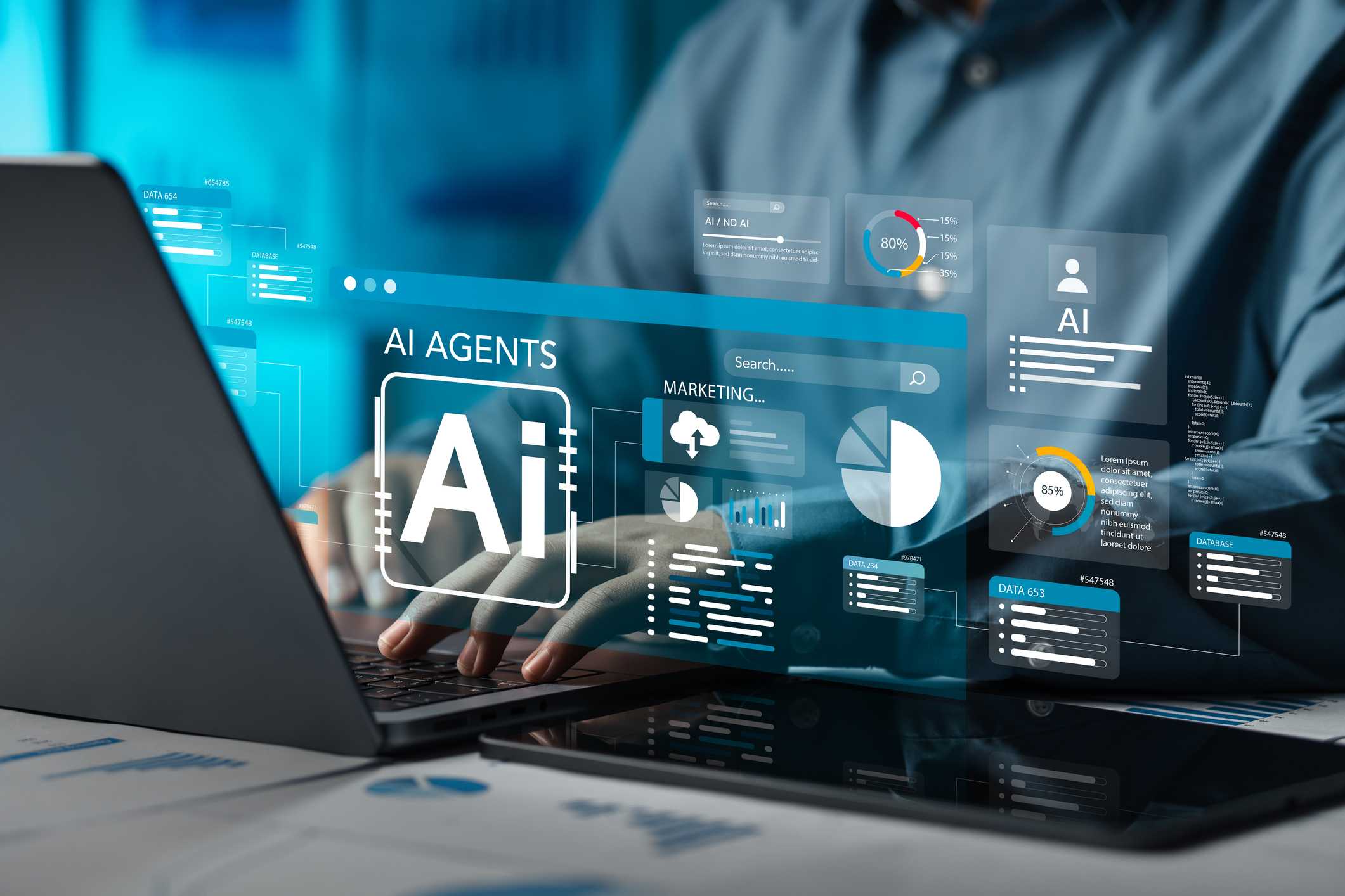 Analysts use computers to analyze data using AI technology in business and work.