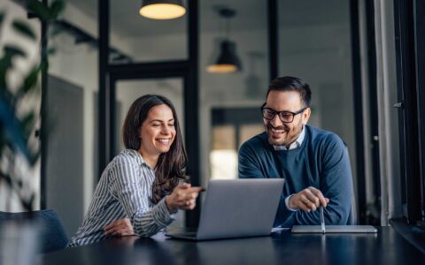 Smiling people, in the meeting room, using a laptop, searching