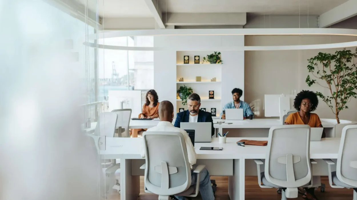 Multicultural colleagues working together in a creative coworking office