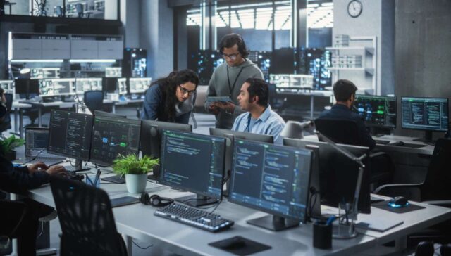 workers discussing