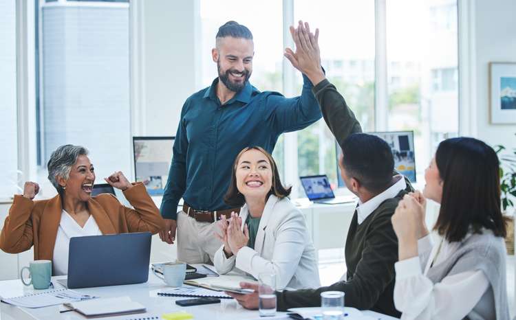 Celebration, business meeting and high five of company staff with collaboration and teamwork Office, motivation and happy winner employees with planning and kpi growth success from team working.