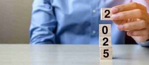 Block 2025 text on table. Resolution, strategy, plan, goal, motivation, reboot, business and New Year holiday concepts