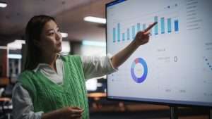 Creative Office Meeting: Portrait of Beautiful Asian Female Project Manager Presenting Financial Goals For Marketing Strategy, Uses TV Set with Data Analysis, eCommerce Infographics