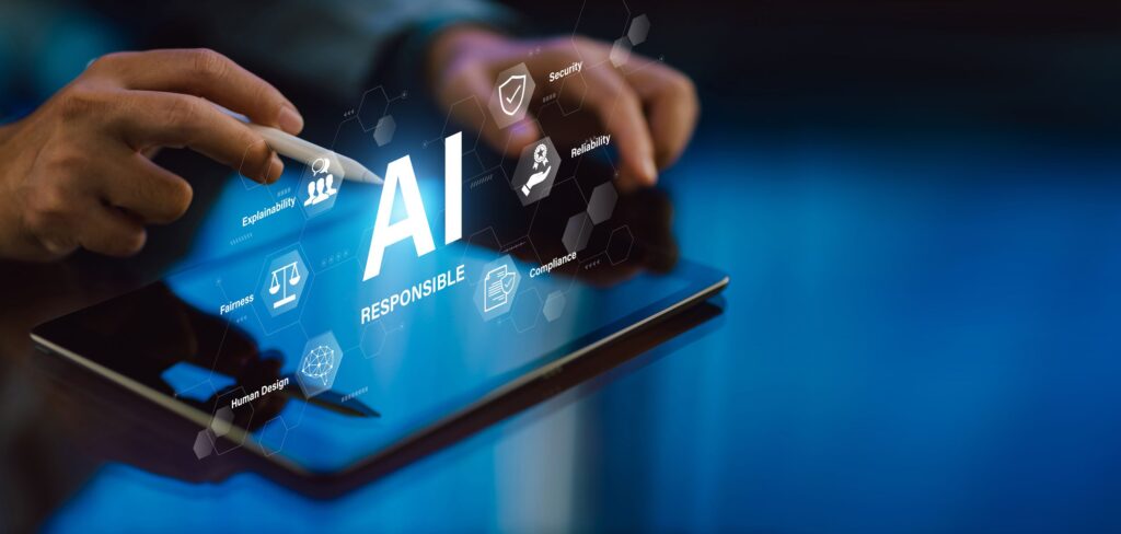 Responsible AI concept with ethical principles transparency and social impact in technology