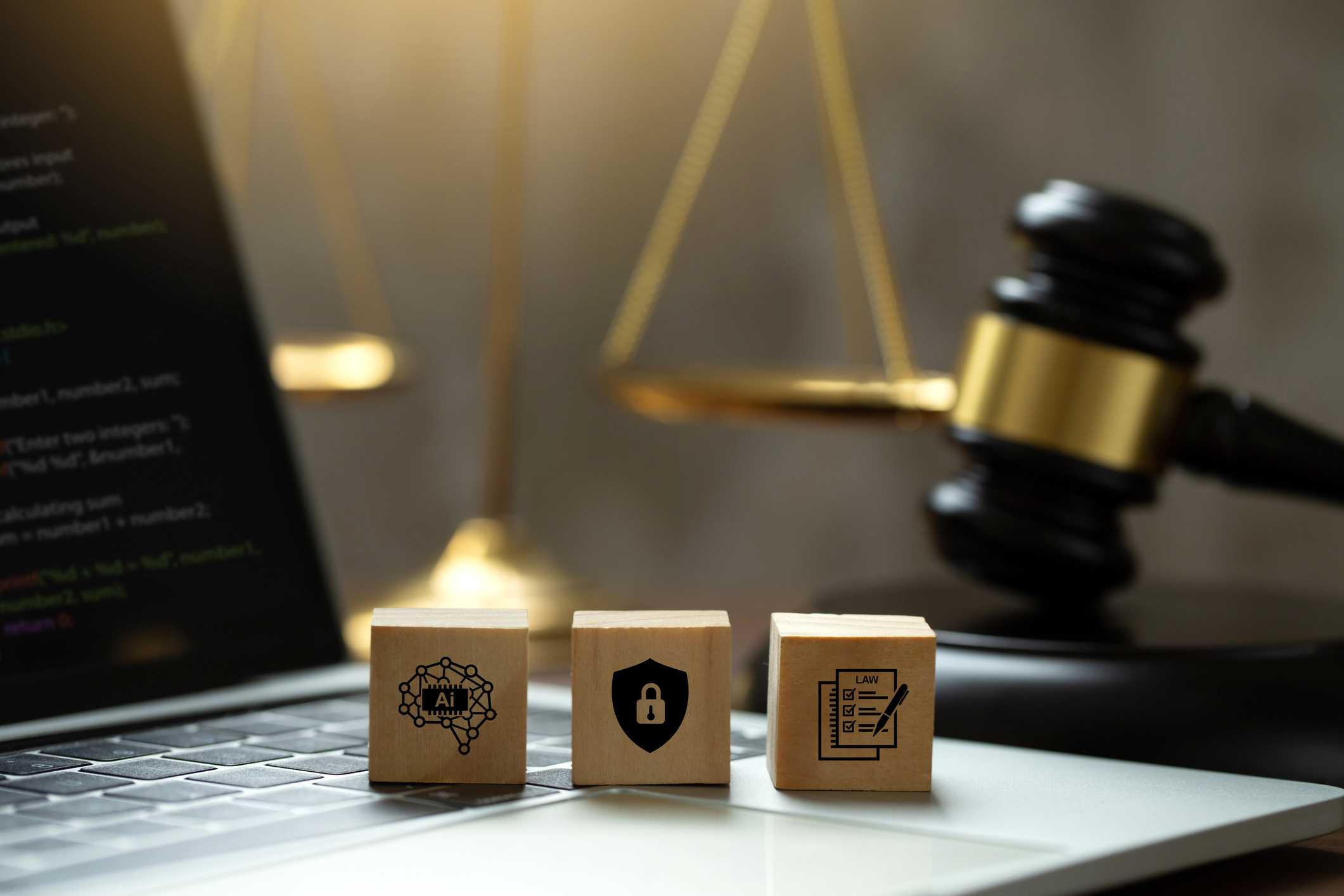 AI ethics and AI Law concept. wooden cube with AI icons on the laptop and a judicial gavel . artificial intelligence law and online technology of legal law regulations. AI technology group control .